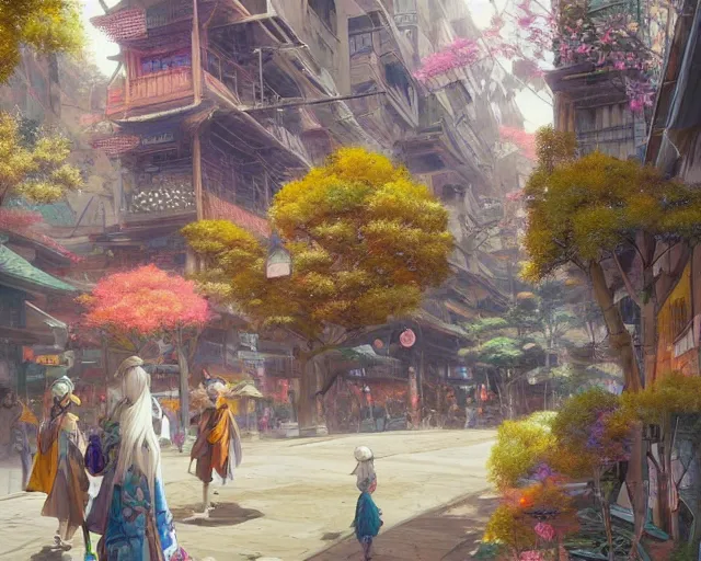 Image similar to street-level view of a beautiful, colorful kitsune city, bamboo, flowers, anime, fox people, a fantasy digital painting by Greg Rutkowski and James Gurney, trending on Artstation, highly detailed