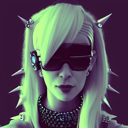 Image similar to an adult cyberpunk woman wearing large spiked punk collar, portrait, 4K, digital art, deviantart, artstation,