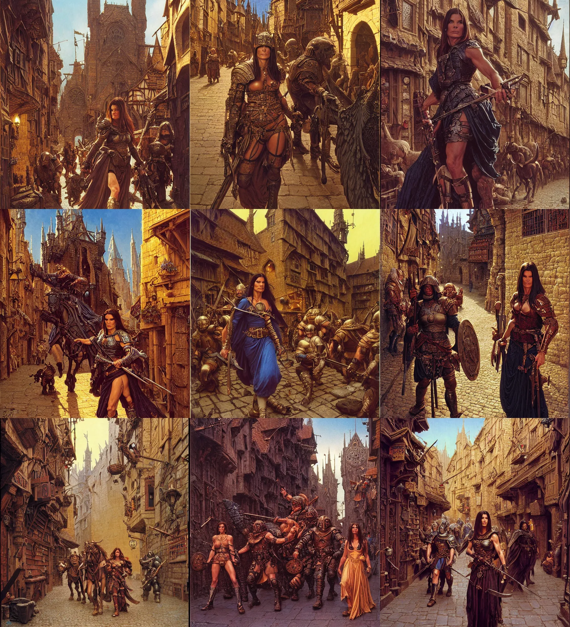 Prompt: close portrait of sandra bullock as muscled warrior heroine chilling in a cobbled medieval shopping street, gothic, colored storefronts, epic composition, 2 0 0 mm focal length, donato giancola, tim hildebrandt, wayne barlow, bruce pennington, larry elmore