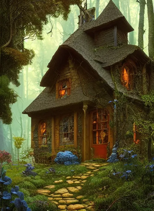 Image similar to hyper realistic homely ornate modern witch cottage distant down a path in the woods gorgeous lighting, blue sky, highly detailed, lush forest by zdzisław beksinski and norman rockwell and greg rutkowskiweta studio, and lucasfilm