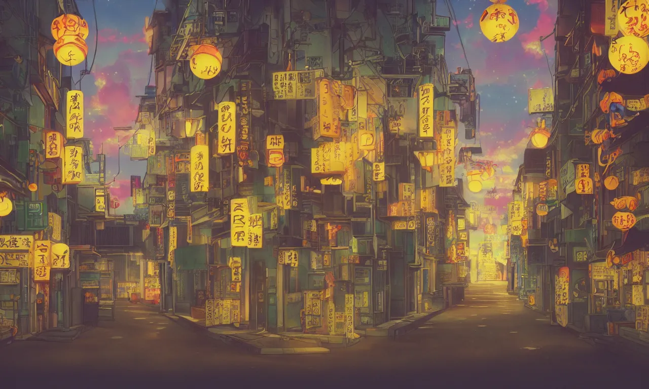 Image similar to A film still from a 1990s Sailor Moon cartoon featuring a moody street in Japan with a waterfall and lanterns, lofi aesthetic, golden hour, cinematic look, film grain, high detail, high resolution, 8k