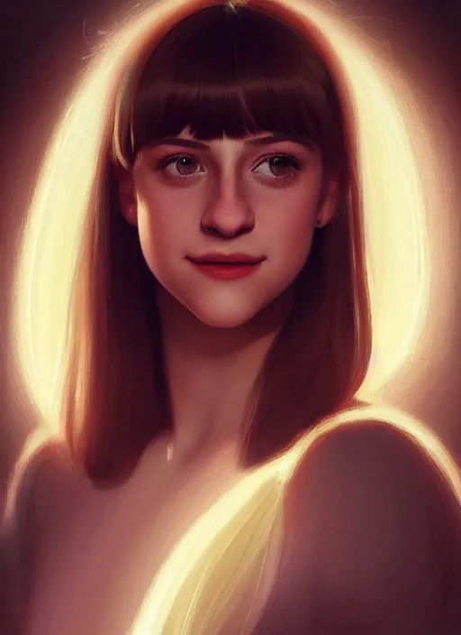 Image similar to portrait of teenage lili reinhart with bangs, smiling kindly, bangs, 1 9 6 0 s, ponytail, bangs and ponytail, intricate, elegant, glowing lights, highly detailed, digital painting, artstation, concept art, smooth, sharp focus, illustration, art by wlop, mars ravelo and greg rutkowski