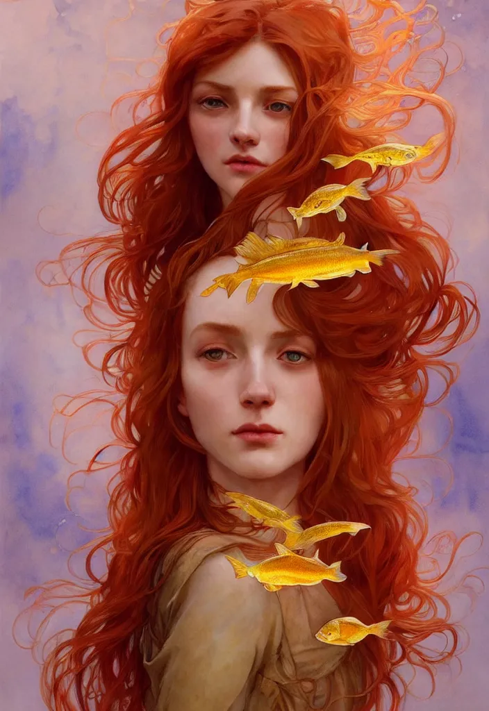 Image similar to beautiful watercolor painting of a young red hair woman surrounded by golden fish, intricate, elegant, highly detailed, digital painting, artstation, concept art, smooth, sharp focus, art by krenz cushart and artem demura and alphonse mucha, dynamic lighting, full body shot, ultrarealistic, cinematic, octane render, 8 k