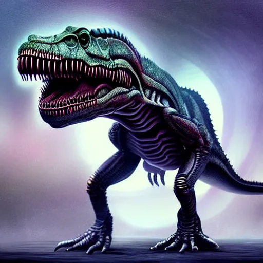 Prompt: ophidien alien taking the form of a t-rex, digital art, sco-fi art, matte painting, award-winning