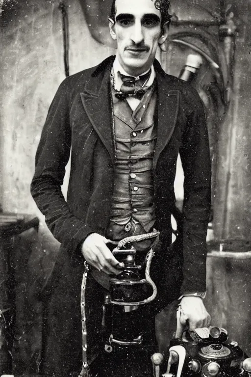 Prompt: portrait of patrick fischler as a snake oil salesman, daguerreotype, steampunk, groovy