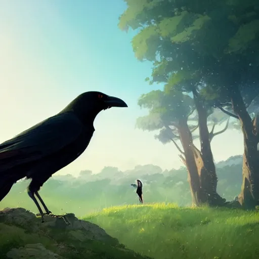 Image similar to a wholesome animation key shot of a crow on a hill, very coherent art, portrait shot, studio ghibli, pixar and disney animation, sharp, anime key art by greg rutkowski, bloom, dramatic lighting