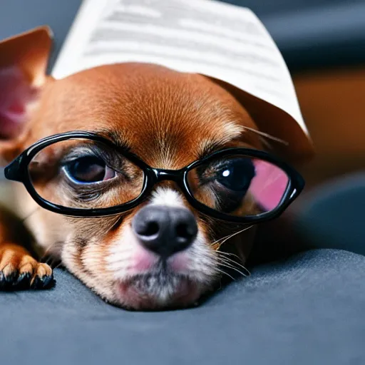 Prompt: a chihuahua wearing glasses reading documents in an office