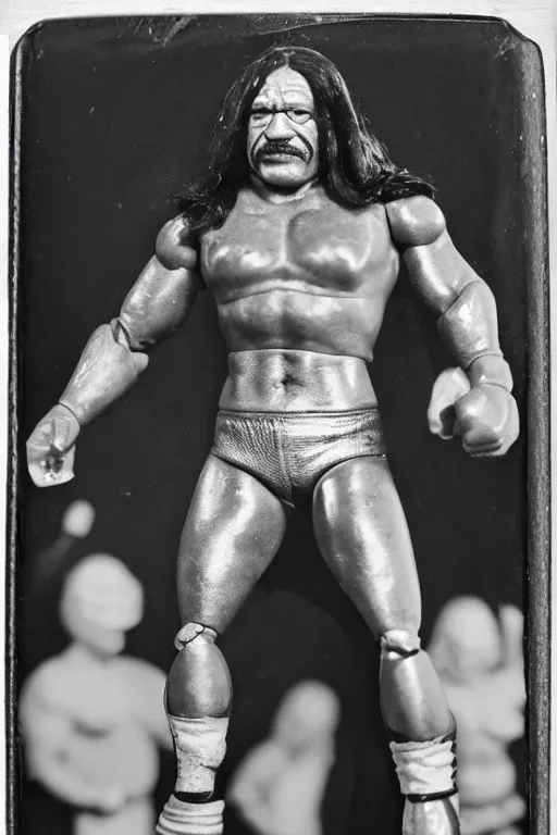 Image similar to daguerreotype of danny trejo as a 1 9 8 0 s wrestling action figure