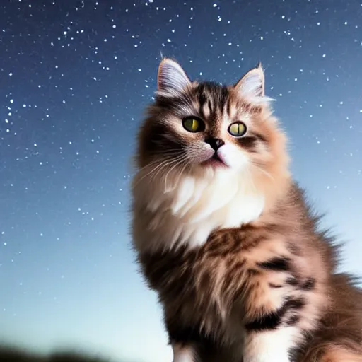 Prompt: a professional photo of a very fluffy cat looking at the night sky