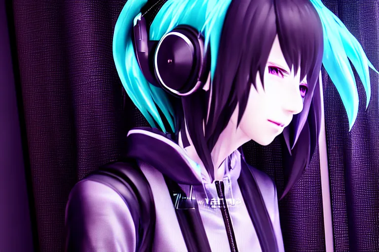 Image similar to hatsune miku with headphones is looking at a rainy window in the style of a code vein character creation, cyberpunk art by Yuumei, cg society contest winner, rayonism light effects and bokeh, daz3d, vaporwave, deviantart hd