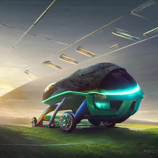 Image similar to solarpunk hovercar, clean energy, green technology, batoidea shape, highway, sunny day, futurism, intricate, engines, glow, highly detailed, peaceful, utopia, bright, digital painting, artstation, concept art, smooth, sharp focus, epic landscape, art by akihiko yoshida and tim mcburnie and anato finnstark