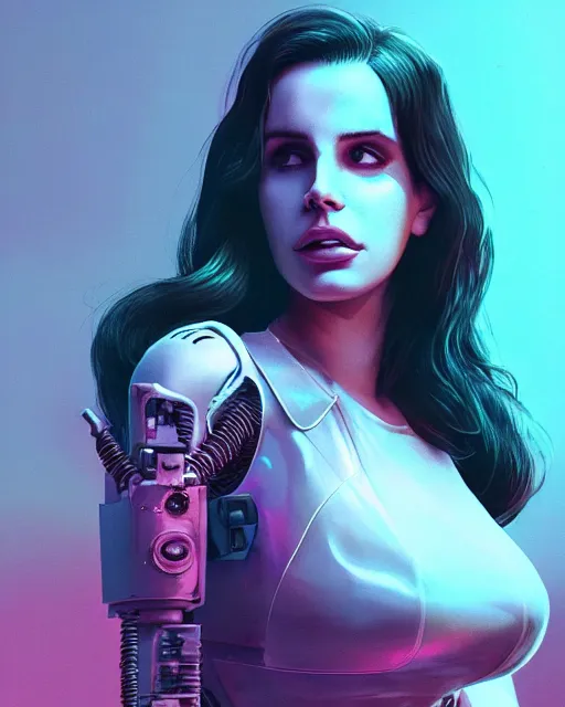 Image similar to portrait of lana del rey as a cyborg. intricate abstract. intricate artwork cyberpunk by tooth wu, wlop, beeple, dan mumford. octane render, trending on artstation, greg rutkowski ruan jia very coherent symmetrical artwork. cinematic, hyper realism, high detail, octane render, 8 k, key art, blue and pink iridescent accents