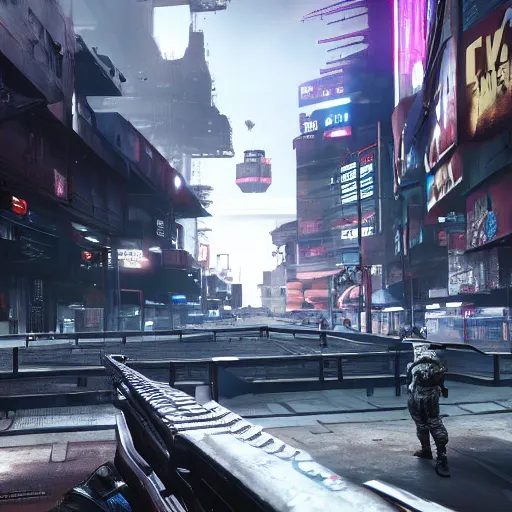 Image similar to futuristic call of duty game set in a cyberpunk city, ps 5, 8 k