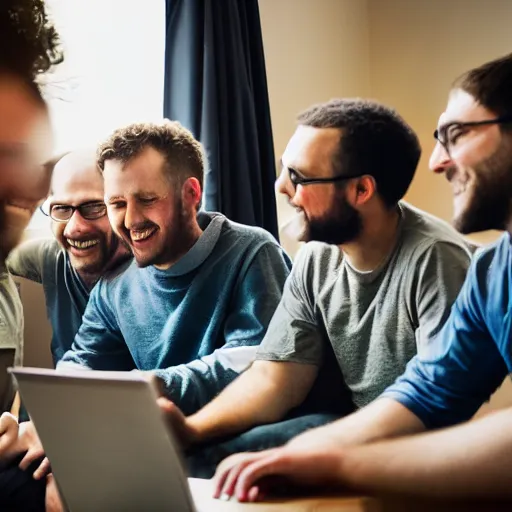 Prompt: several guys looking at a laptop screen laughing, colour photograph, 35mm