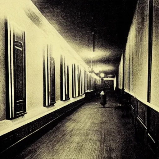 Prompt: “long hallway in a hotel at night, 1900’s photo”