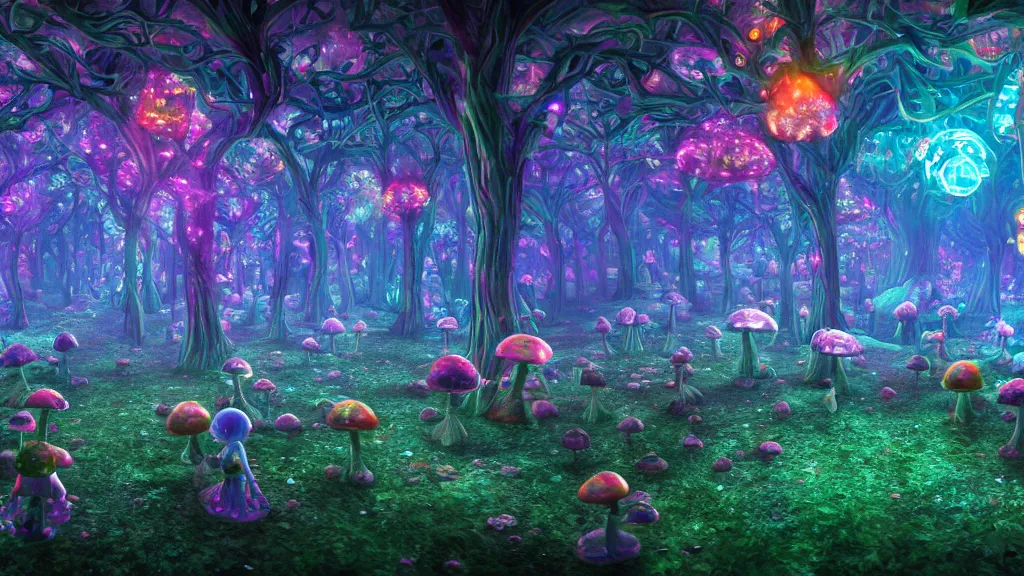 Image similar to 8k, acid trip, hall of mirrors, ultra detailed, a hyperrealistic image of a mycelium forest with neon glowing mushrooms, with magical creatures, in the style of earthbound ,trending on patreon, artstation, deviantart. Unreal engine
