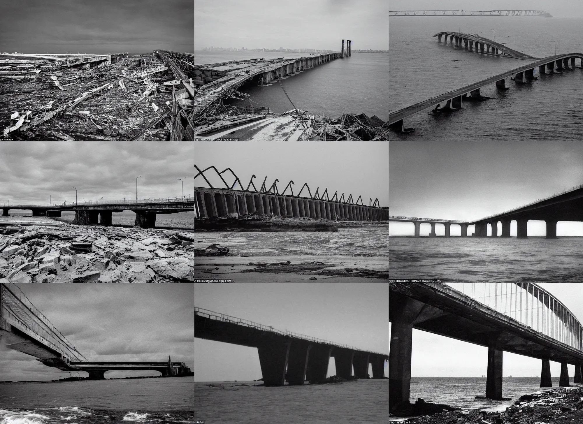 Image similar to grainy futuristic photo of the remains of an enormous broken freeway bridge on the new york coast after the apocalypse ; the bridge leads into the wide ocean