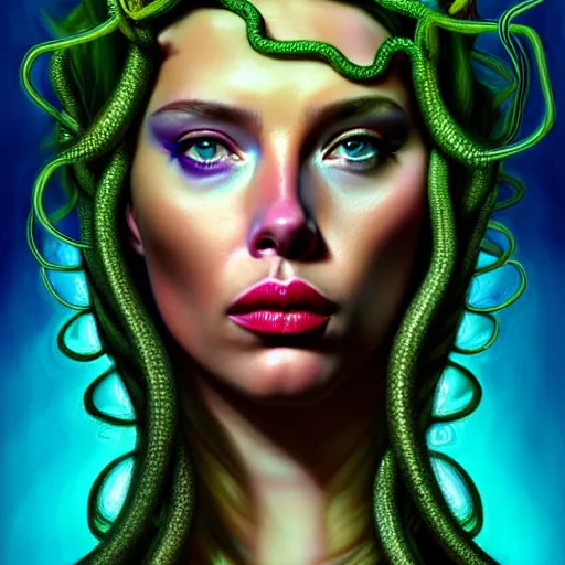 Prompt: an extremely psychedelic portrait of medusa as scarlett johanson, surreal, lsd, face, detailed, intricate, elegant, lithe, highly detailed, digital painting, artstation, concept art, smooth, sharp focus, illustration