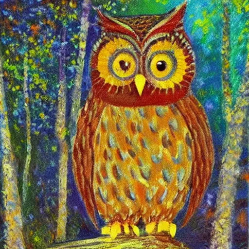 Image similar to wise owl in the forest, impressionism