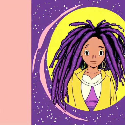 Image similar to black woman with purple dreads in space in the style of ghibli