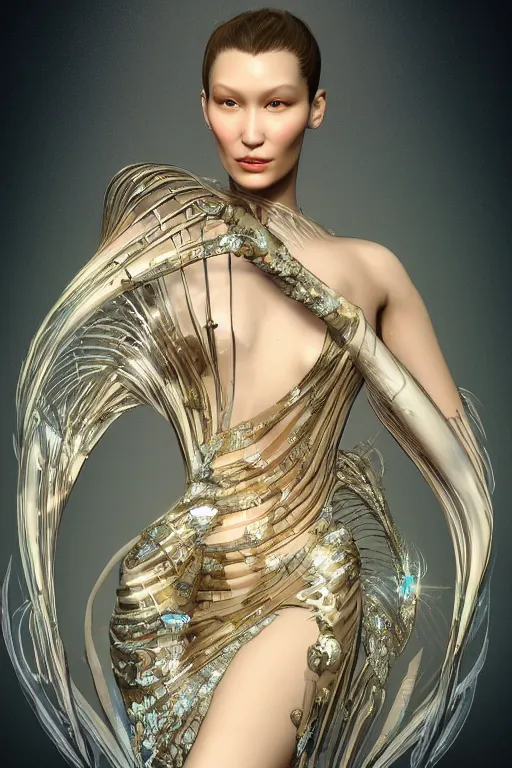 Image similar to a highly detailed portrait of a beautiful alien goddess bella hadid in iris van herpen dress schiaparelli in diamonds in style of alphonse mucha art nuvo trending on artstation made in unreal engine 4