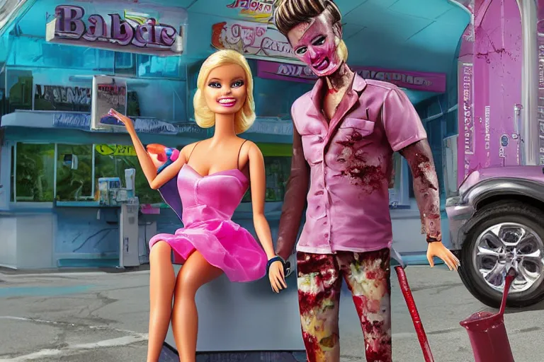 Image similar to Barbie zombie bites Ken near the gas station high-resolution digital art,