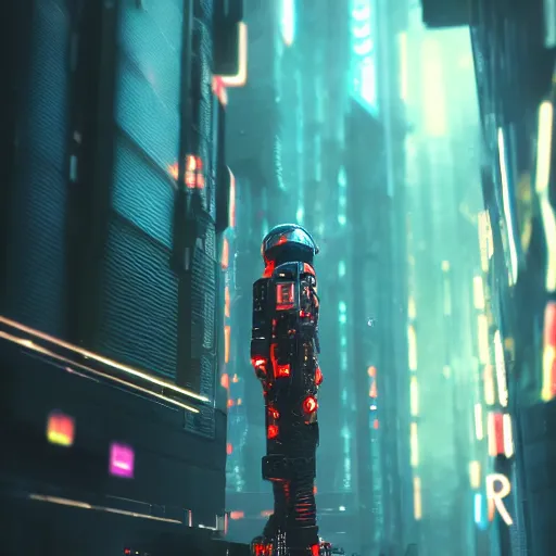 Image similar to professional photo of astronaut looking in the camera from low angle shot, cyberpunk background, blade runner, hyperrealistic masterpiece, trending on artstation, cgsociety, kodakchrome, golden ratio, cinematic, composition, beautiful lighting, hyper detailed, sharp focus, octane render, 4 k, unreal engine