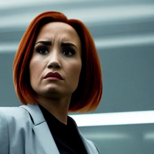 Image similar to close-up of Demi Lovato as Dana Scully in an X-Files movie directed by Christopher Nolan, movie still frame, promotional image, imax 35 mm footage