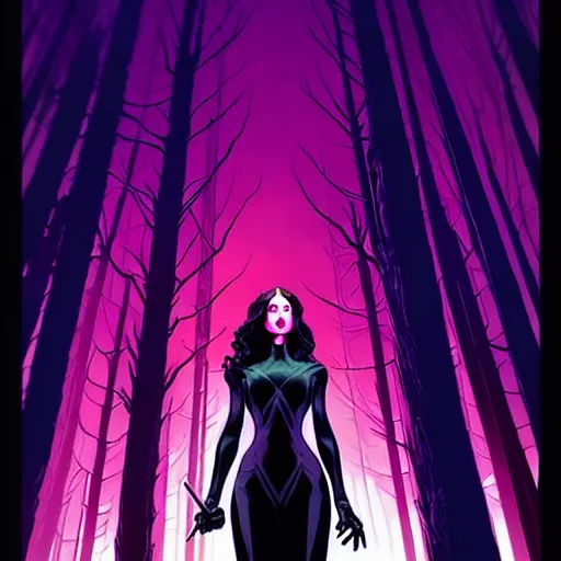 Image similar to rafael albuquerque comic cover art, artgerm, joshua middleton, pretty stella maeve witch doing black magic, serious look, purple dress, symmetrical eyes, symmetrical face, long black hair, twisted evil dark forest in the background, cool colors