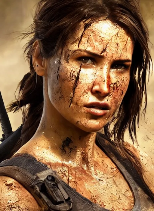 Image similar to a film still of lara croft as ninja, her face muddy and sweat, direct sun light, close up potrait, sharp and detail, cinematic,