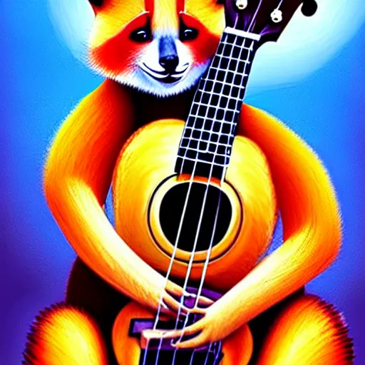 Image similar to cute fluffy Ailurus fulgens playing a ukulele, fully detailed, high quality , 4k , digital art, digital painting, soft light , masterpiece