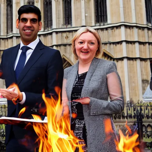 Image similar to Liz truss and Rishi sunak at parliament burning a pile of money. Daily Telegraph.