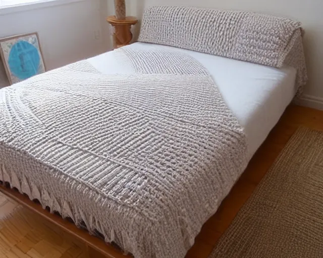 Image similar to crocheted bed, entire bed made of thick soft yarn woven in intricate patterns, comfy, comfortable, warm, soothing, relaxing, wholesome