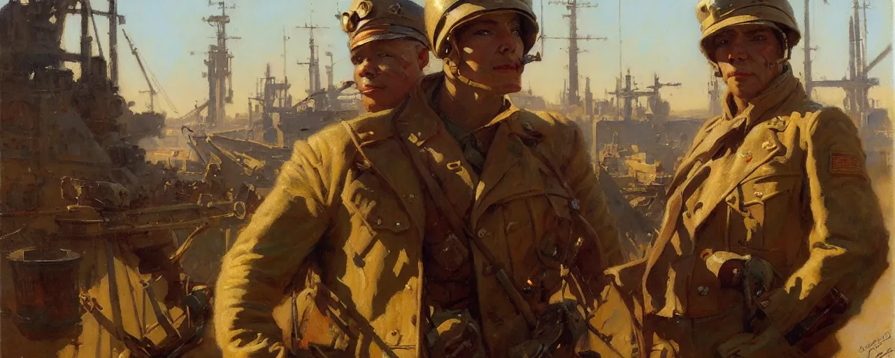Image similar to portrait of a us soldier in shipyard dieselpunk, painting by gaston bussiere, craig mullins, j. c. leyendecker