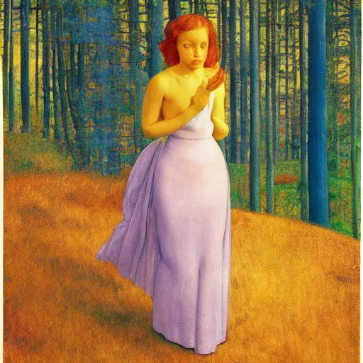 Prompt: a young girl lost in a blue golden forest, film still by edward hopper, by Pontormo, by klimt, art noveau, highly detailed, strong lights, liminal, eerie, Bright pastel colors