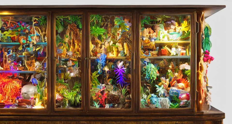 Prompt: A cabinet of wonder with a tropical collection of objects, HD, realistic picture, landscape, artificial, neon white illumination