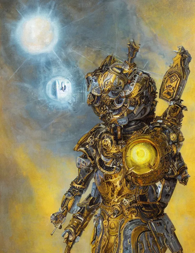 Prompt: full body, attack position Ciurlionis, Mikalojus Konstantinas painting in lush fantasy environment of a ornate holy mechanical warforged with circular glowing eye, character in yellow armor holding a legendary paladin engraved holy great longsword and carrying a huge heavy paladin shield, vertically flat head, face in focus, epic , trending on ArtStation, masterpiece, cinematic lighting