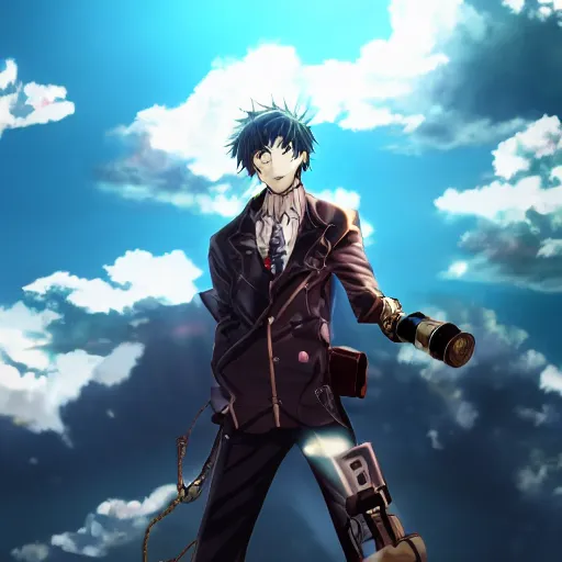 Image similar to anime man with a steampunk prosthetic arm, handsome, finely detailed, cinematic lighting, clouds, sky, sunlight, anime,