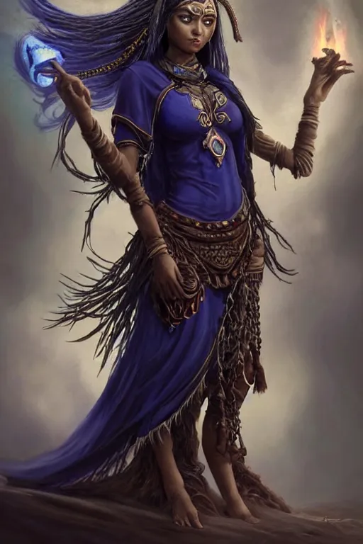 Prompt: Beautiful Young Female Shaman, shamanistic dark blue clothes, ornamental, covered!, metal garments, dark brown skin, green supernatural eyes, looking across the shoulder, full body, extremely detailed!, high fantasy, matte painting, detailed face!, warcraft, single character!, floating, fire and thunder background, by Rossdraws, James Jean, gerald brom, Andrey Ryabovichev, Mark Simonetti and Peter Morbacher, trending in artstation, artstationHD, artstationHQ, cgsociety, octane, 16K HD