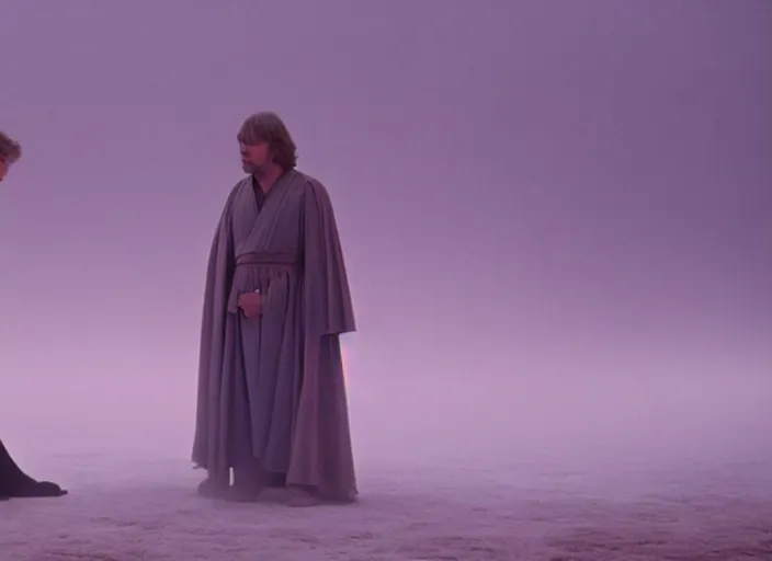 Image similar to Luke skywalker kneels before a strange jedi oracle, a mystic with infinite knowledge of time. in a foggy pink land. still from the 1983 film directed byalejandro jodorowsky. holy mountain, Photographed with Leica Summilux-M 24 mm lens, ISO 100, f/8, Portra 400