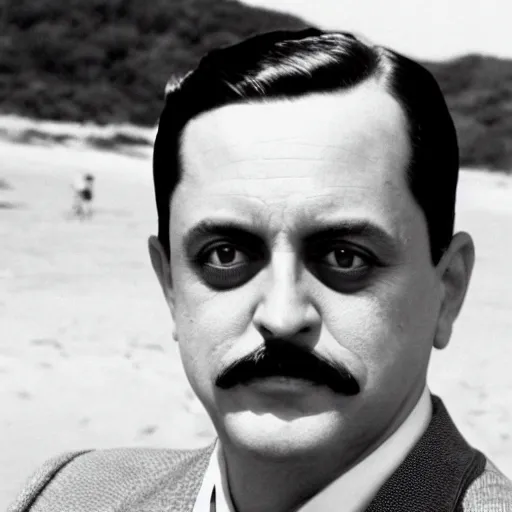 Image similar to b & w photo of gomez addams at the beach