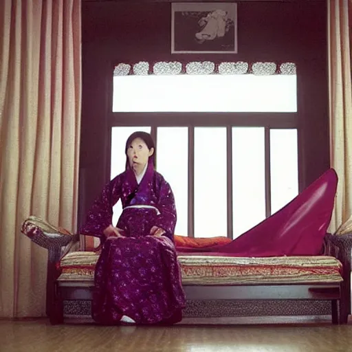 Prompt: Choi Eun-hee in a hanbok sitting on a couch, a starfish monster's arm coming through the window, minimal cinematography by Akira Kurosawa, movie filmstill, film noir, thriller by Kim Jong-il and Shin Sang-ok, abstract occult epic composition