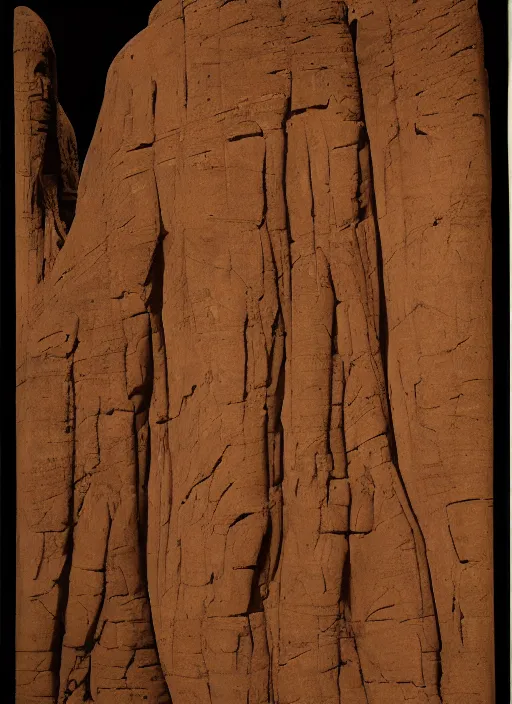 Image similar to Line wrawing by John Wesley Powell of towering rock formations carved by the wind, surrounded by sparse vegetation, sepia toned, Smithsonian American Art Museum.