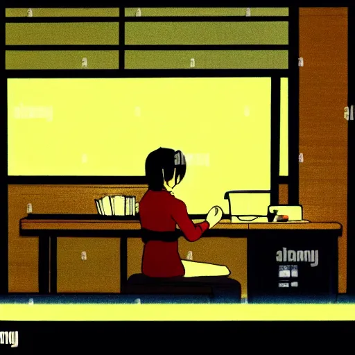 Image similar to film cell from Studio Ghibli of female Japanese student in profile, sat at her desk, her face lit by the computer screen, wearing headphones, japan, window, Tokyo, neon lights outside , by Hayao Miyazaki