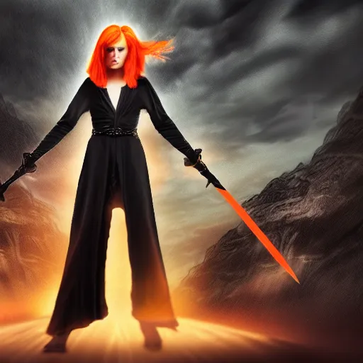 Prompt: orange haired woman standing in a black robe, sword in one hand facing away and looking at a monster, in matte painting style