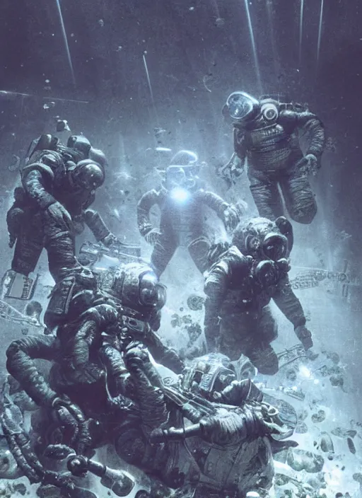 Image similar to astronauts in dark and empty void underwater - complex and hyperdetailed technical suit. reflection and dispersion materials. rays and dispersion of light. volumetric light. 5 0 mm, f / 3 2. noise film photo. flash photography. ultra realistic, wide angle. poster by wayne barlowe, hajime sorayama aaron horkey, craig mullins