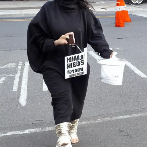 Image similar to kim kardashian as a homeless person, asking for change