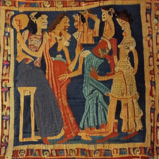 Image similar to ancient tapestry of an absolutely chaotic nightclub scene