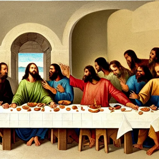 Image similar to jesus having a food fight and screaming in the last supper