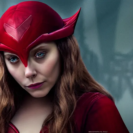 Prompt: A portrait of elizabeth Olsen as scarlet witch with the scarlet witch wimple, cinematic, digital art, amazing detail